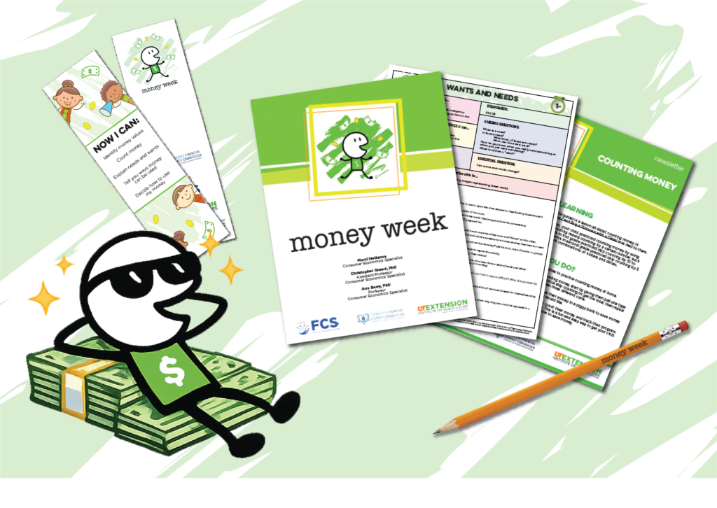 money man cartoon laying on money next to a spread of money week pdfs and a pencil 