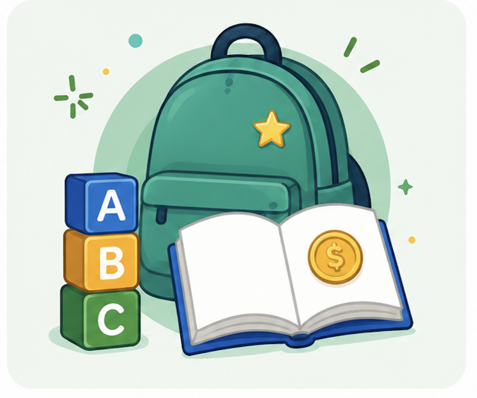 Backpack with school supplies representing age-appropriate lessons for kindergarten through second grade.