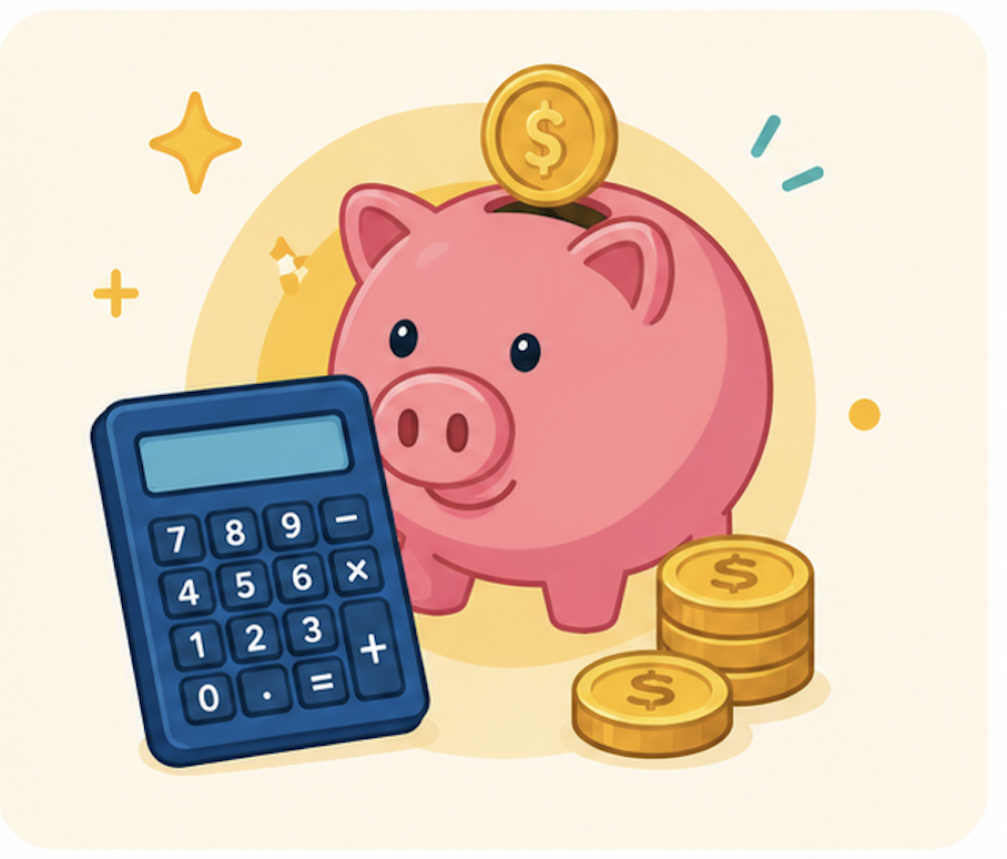 Piggy bank, calculator, and coins representing hands-on financial learning activities.