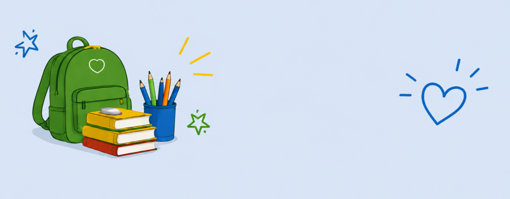 green backpack with a stack of books and pencils in a jar surrounded by star icons 