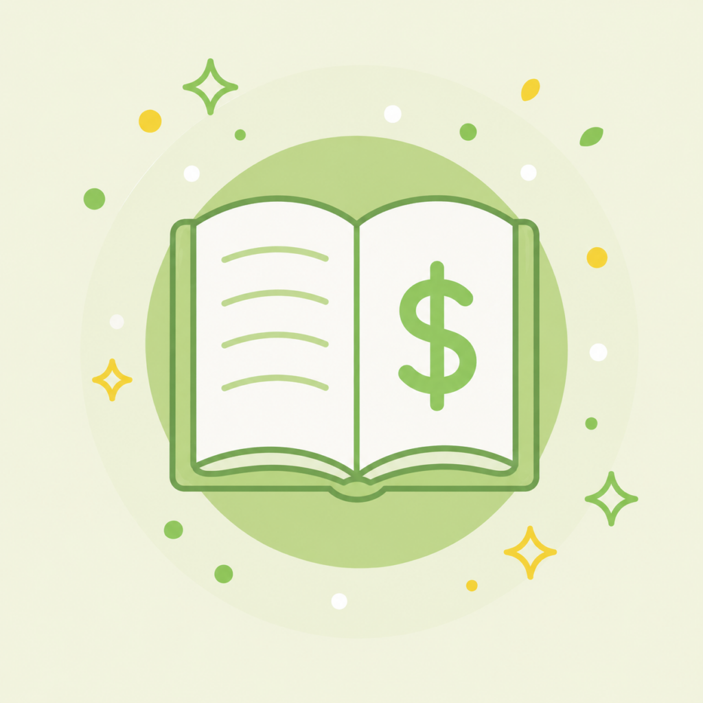 green icon of book with a dollar sign 