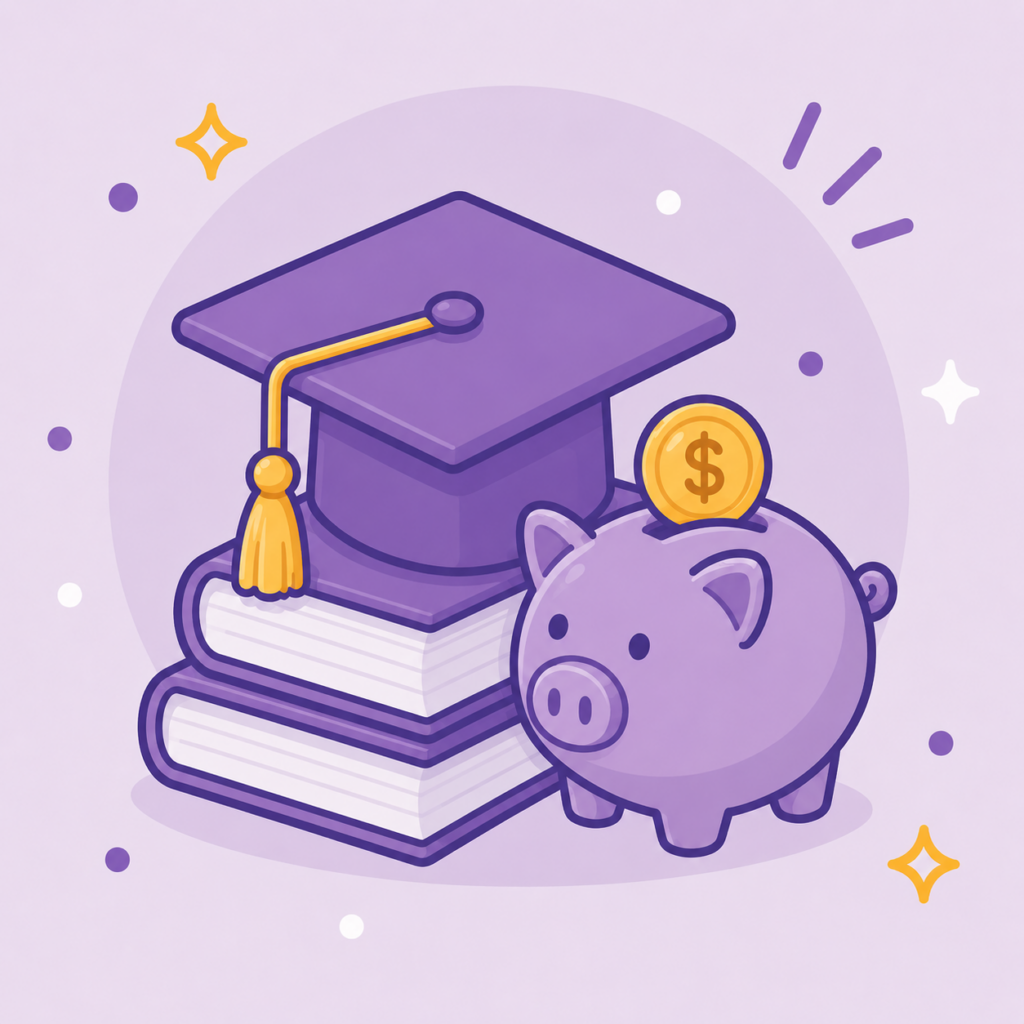purple stack of two books with a graduation cap on top next to a piggy bank with coin 