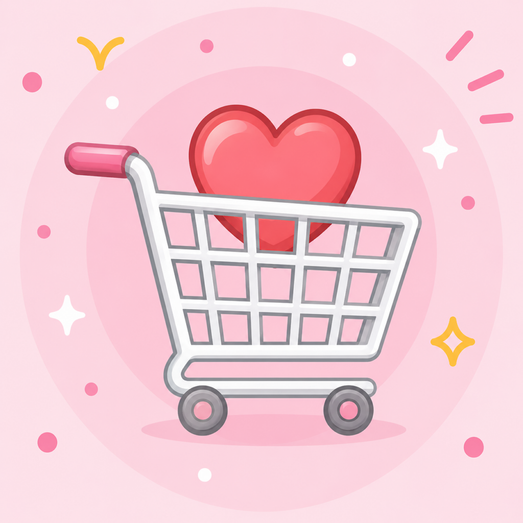 pink icon or grocery cart with a red heart in it