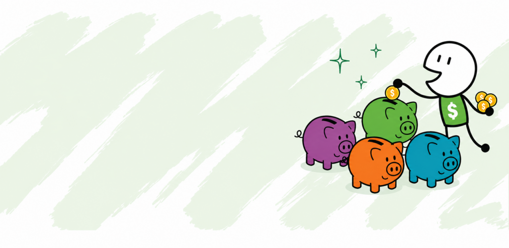 Money week man icon putting a coin into multicolored piggy banks with stars in the background 